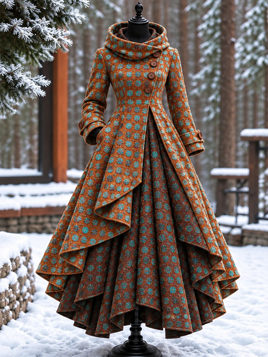 Women’s Vintage High-Collar Asymmetrical Double-Layer Hem Long Maxi Coat